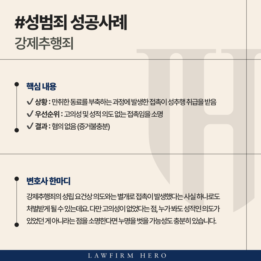 실제 신체 접촉이 있었음에도 강제추행누명 벗고 무혐의 받은 사례